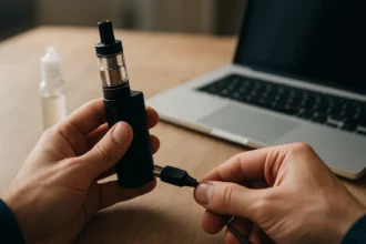 Nabíjanie e-cigarety na stole vedľa laptopu