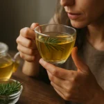 Žena vychutnáva šálku rozmarínového čaju s prírodnými bylinkami.