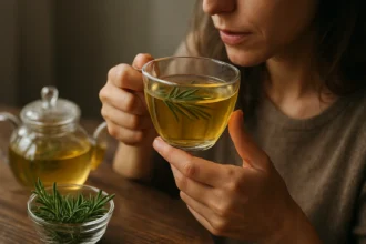 Žena vychutnáva šálku rozmarínového čaju s prírodnými bylinkami.