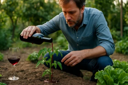 Muž polieva rastlinu červeným vínom v záhrade.