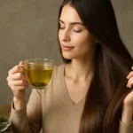 Žena so sklonom k dlhým, zdravým vlasom a šálkou zeleného čaju.