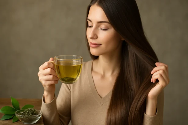 Žena so sklonom k dlhým, zdravým vlasom a šálkou zeleného čaju.