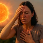 Žena trpi bolestí hlavy v súvislosti so slnečnými erupciami