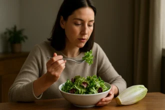 Žena jesť šalát s čakankou a zeleninou, zdravá výživa