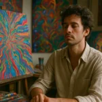 Muž pred abstraktným umeleckým dielom s intenzívnymi farbami.