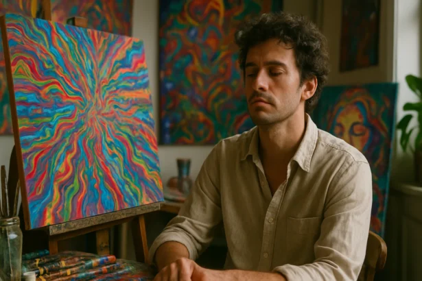 Muž pred abstraktným umeleckým dielom s intenzívnymi farbami.