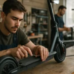 Mechanik opravuje elektrickú kolobežku v servise v Budapešti.