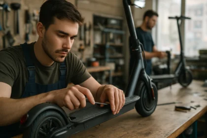 Mechanik opravuje elektrickú kolobežku v servise v Budapešti.