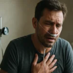 Muž s kyslíkovou terapiou, vyjadrujúci nepríjemnosti a obavy