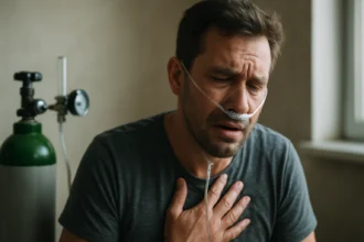 Muž s kyslíkovou terapiou, vyjadrujúci nepríjemnosti a obavy