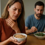 Žena s bolesťou hrdla drží misku so sójou, muž jedie šalát.