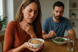 Žena s bolesťou hrdla drží misku so sójou, muž jedie šalát.