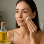 Žena nanáša hamamelis na pleť s jemným úsmevom.