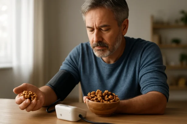 Muž kontroluje svoj krvný tlak a drží orechy v ruke.