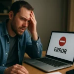 Muž frustrovaný z chyby pri používaní API na svojom notebooku