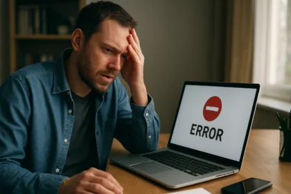 Muž frustrovaný z chyby pri používaní API na svojom notebooku