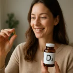 Žena sa usmieva pri držaní kapsuly D3 a fľaše s vitamínom.