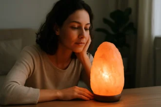 Žena si užíva svetlo kremennej lampy v interiéri.