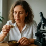 Žena skúmajúca luteolín pod mikroskopom, prírodný flavonoid.