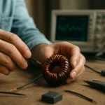 Osoba pracujúca s ferritovým jadrom na filtráciu šumu.