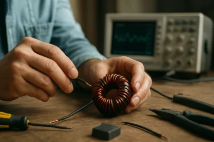 Osoba pracujúca s ferritovým jadrom na filtráciu šumu.