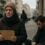 Žena na ulici v Maďarsku, ktorá sa vyrovnáva s ekonomickými ťažkosťami.