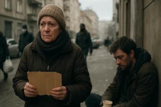 Žena na ulici v Maďarsku, ktorá sa vyrovnáva s ekonomickými ťažkosťami.