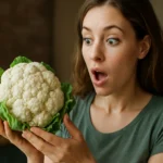 Prekvapená žena držiaca čerstvý karfiol s listami.