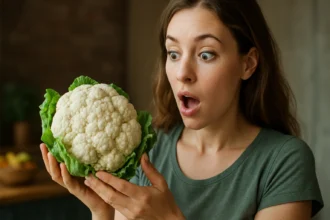 Prekvapená žena držiaca čerstvý karfiol s listami.