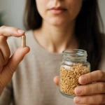 Žena s kapsulou senovky gréckej a skleneným pohárom so semenami.