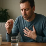 Muž s liekmi a pohárom vody, premýšľa o účinkoch sedatív