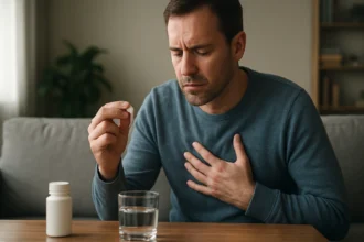 Muž s liekmi a pohárom vody, premýšľa o účinkoch sedatív