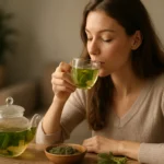 Žena pije čaj z cisty, ktorý podporuje zdravie a imunitu.