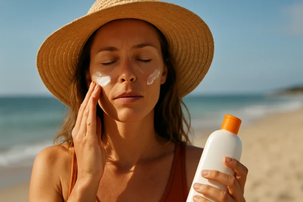 Žena nanášajúca opaľovací krém na tvár na pláži.