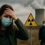 Žena s maskou vyjadruje obavy pred nukleárnym žiarením.