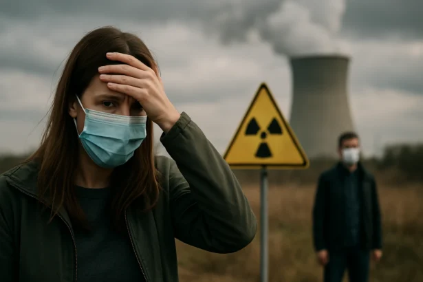 Žena s maskou vyjadruje obavy pred nukleárnym žiarením.