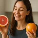 Žena drží polku grapefruitu a pomaranča, usmieva sa