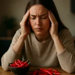 Žena pociťujúca bolesť hlavy s pálivou paprikou na stole