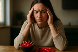 Žena pociťujúca bolesť hlavy s pálivou paprikou na stole
