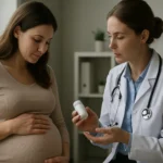 Tehotná žena sa porozpráva s lekárkou o progesteróne.