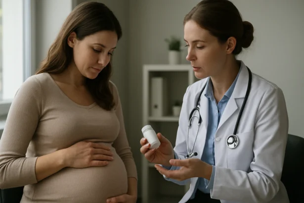 Tehotná žena sa porozpráva s lekárkou o progesteróne.