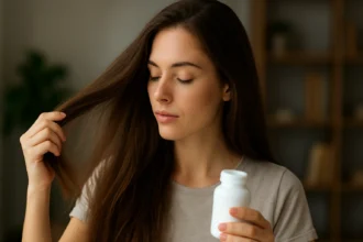 Mladá žena držiaca fľašu s biotínom a skúmajúca svoje vlasy.