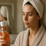 Žena s ručníkem na hlavě drží Bio-Oil v koupelně.