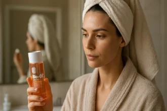 Žena s ručníkem na hlavě drží Bio-Oil v koupelně.
