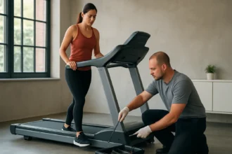 Žena na bežeckom páse s odborníkom na údržbu a tréning.