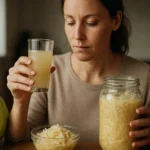 Žena drží pohár so šťavou z kyslej kapusty vedľa zelenej kapusty a nakladanej kapusty.