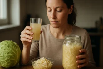Žena drží pohár so šťavou z kyslej kapusty vedľa zelenej kapusty a nakladanej kapusty.