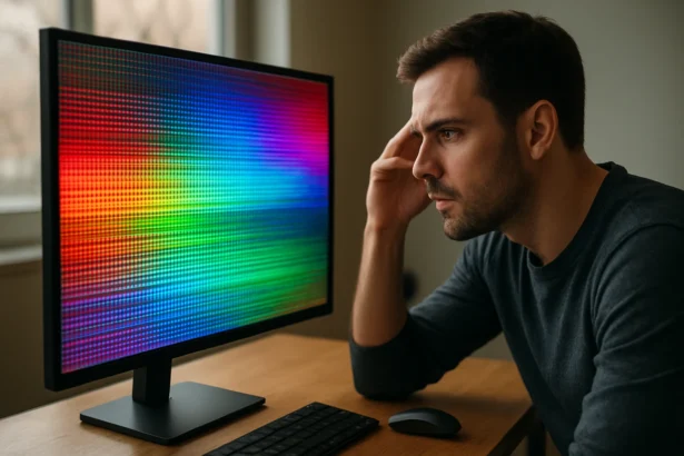 Muž skúmajúci farebný LED monitor s jasným zobrazením