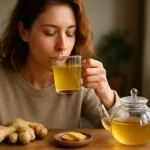 Žena s zázvorovým čajom a koreňom zázvoru na drevenom stole.