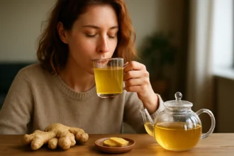 Žena s zázvorovým čajom a koreňom zázvoru na drevenom stole.
